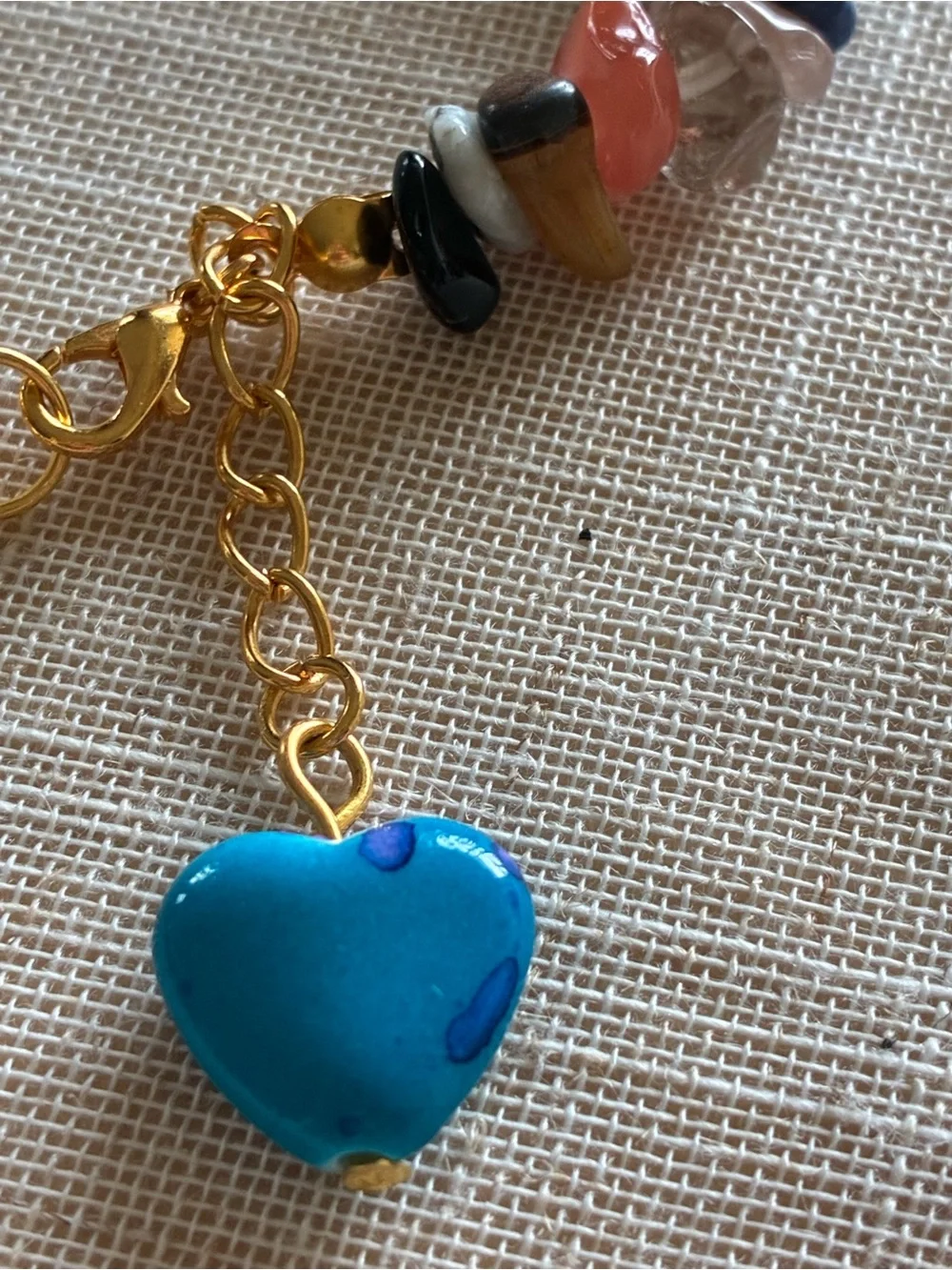 Multicolor Gemstone Bead Bracelet with Gold Toggle and Blue Heart Charm